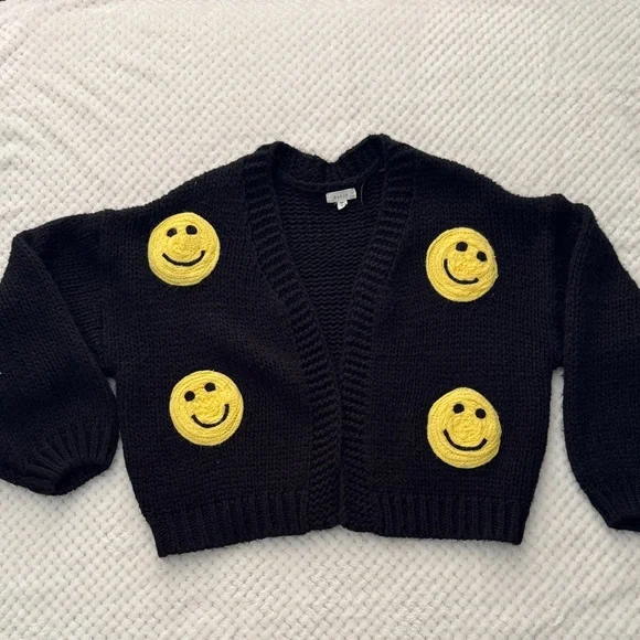 🖤😊EUC Black Smiley Face Cropped Cardigan | Women’s Small 😊🖤 - Picture 1 of 7